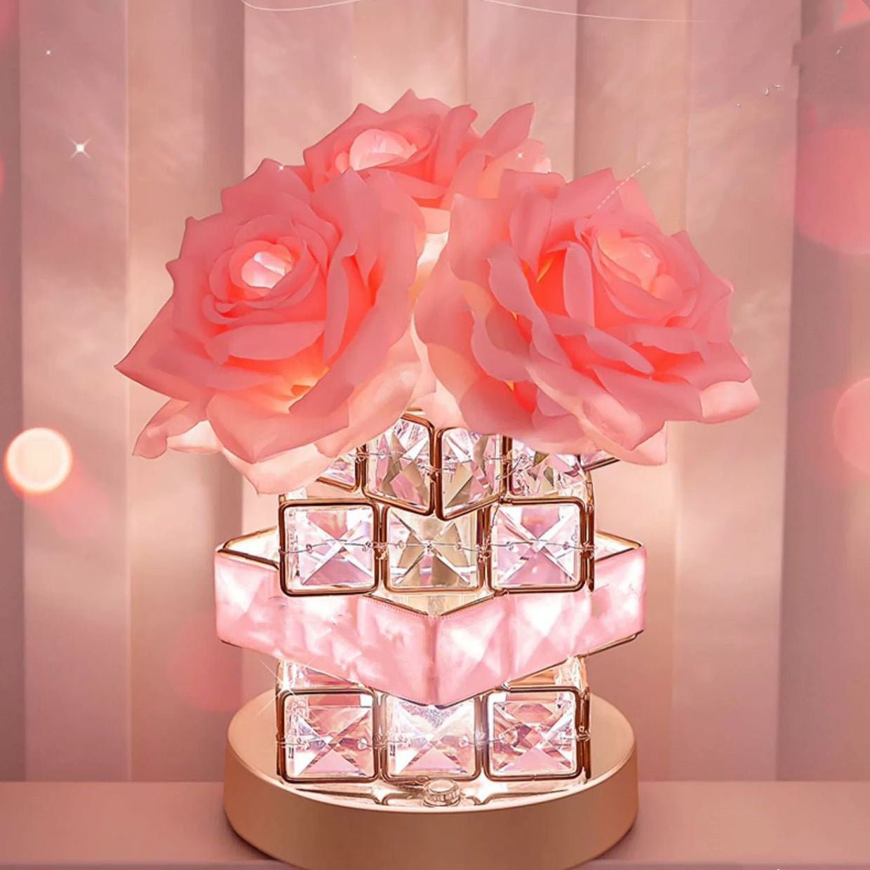 Lampe Cristal Rubik's Cube avec Roses – Élégance et Douceur pour une Ambiance Féérique - KadooKadooRose Cristalline ÉclatanteCJSN179808306FUMykadoo.shopLampe